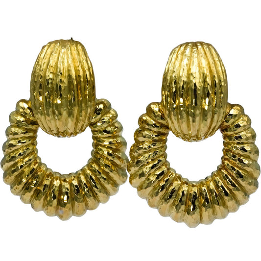 DAVID WEBB Vintage 18k Yellow Gold Fluted Door Knocker Clip-On Earrings