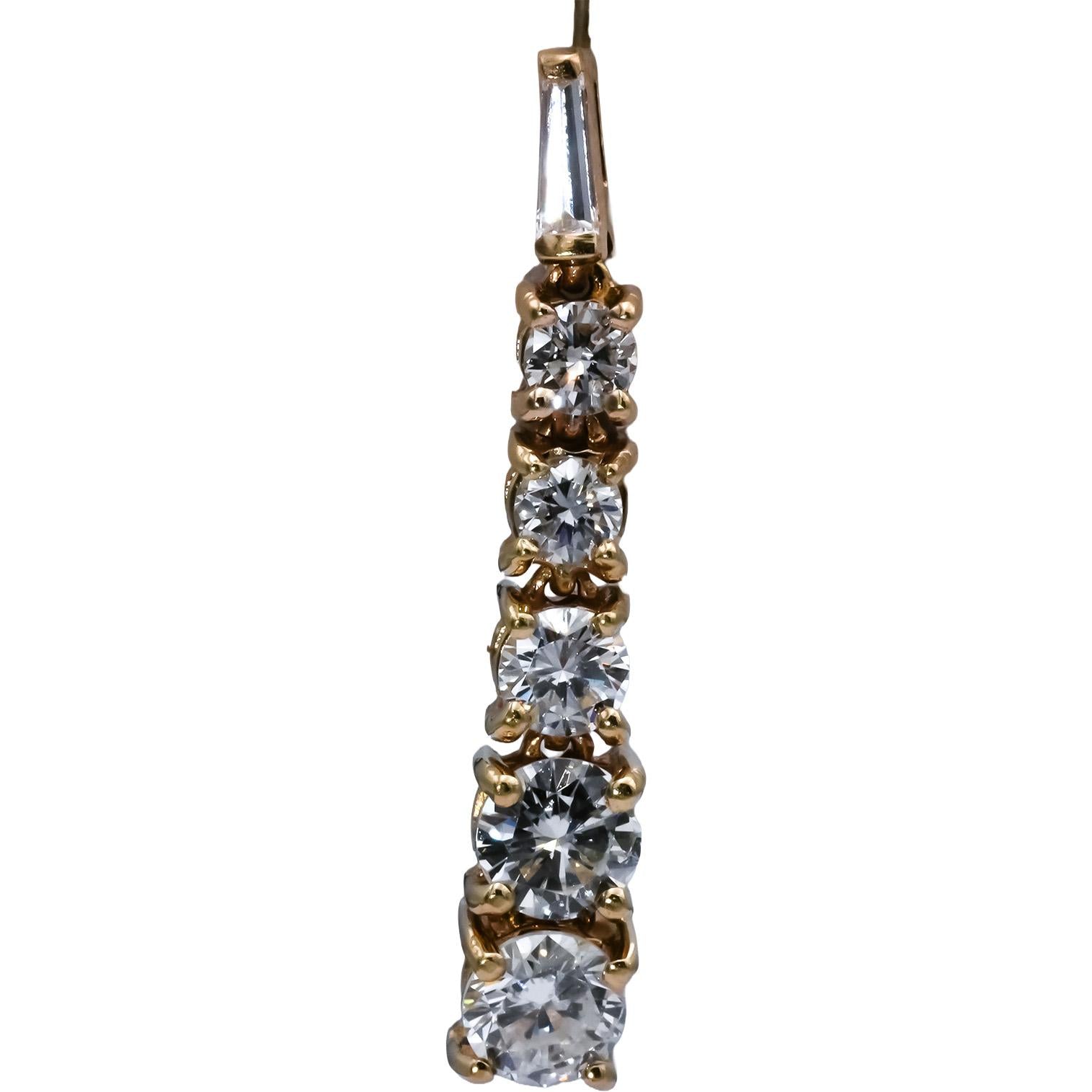 14k Yellow Gold VS Round & Baguette Cut Diamond Dangle Earrings 2.50CT
