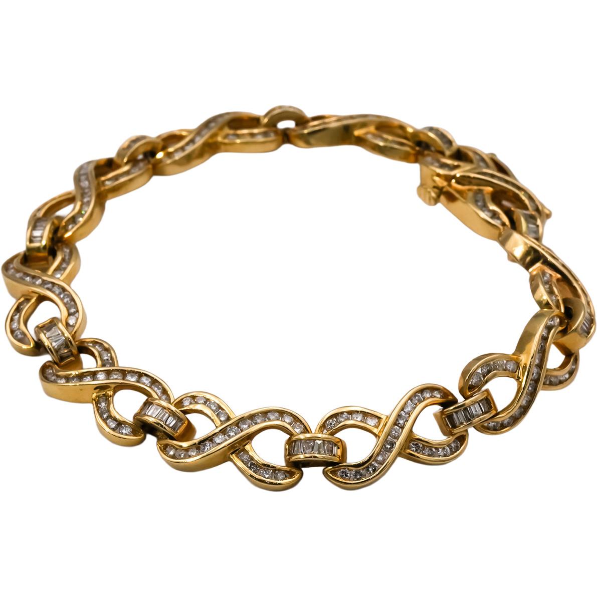 14k Yellow Gold Round & Baguette Cut Diamond Infinity Link Bracelet 4.0CT