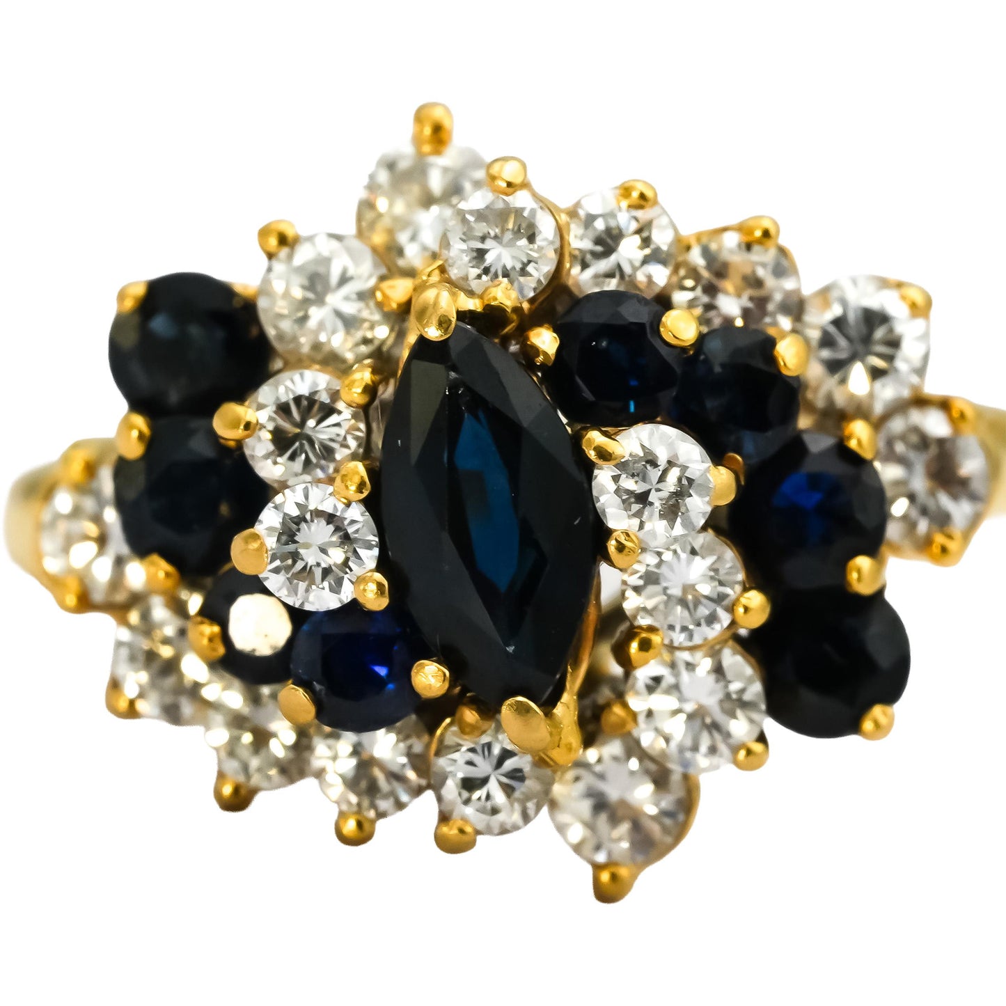 18k Yellow Gold VS Diamond and Blue Sapphire Cocktail Ring 1.75CT Size 10.5