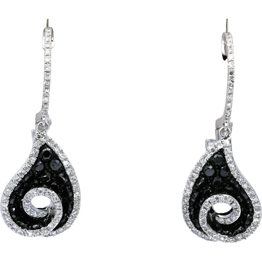 14k White Gold Round White and Black Diamond Drop Dangle Earrings 1.50CT