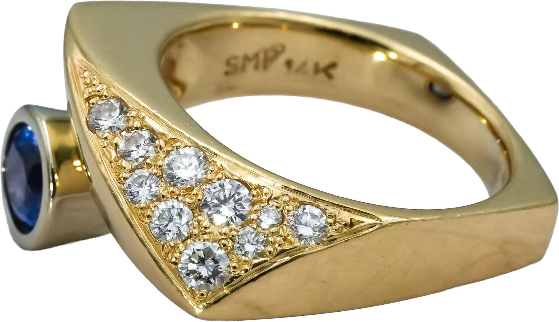 14k Yellow Gold Blue Sapphire & Diamond Pave Geometric Ring 1.0CTW Size 7.75