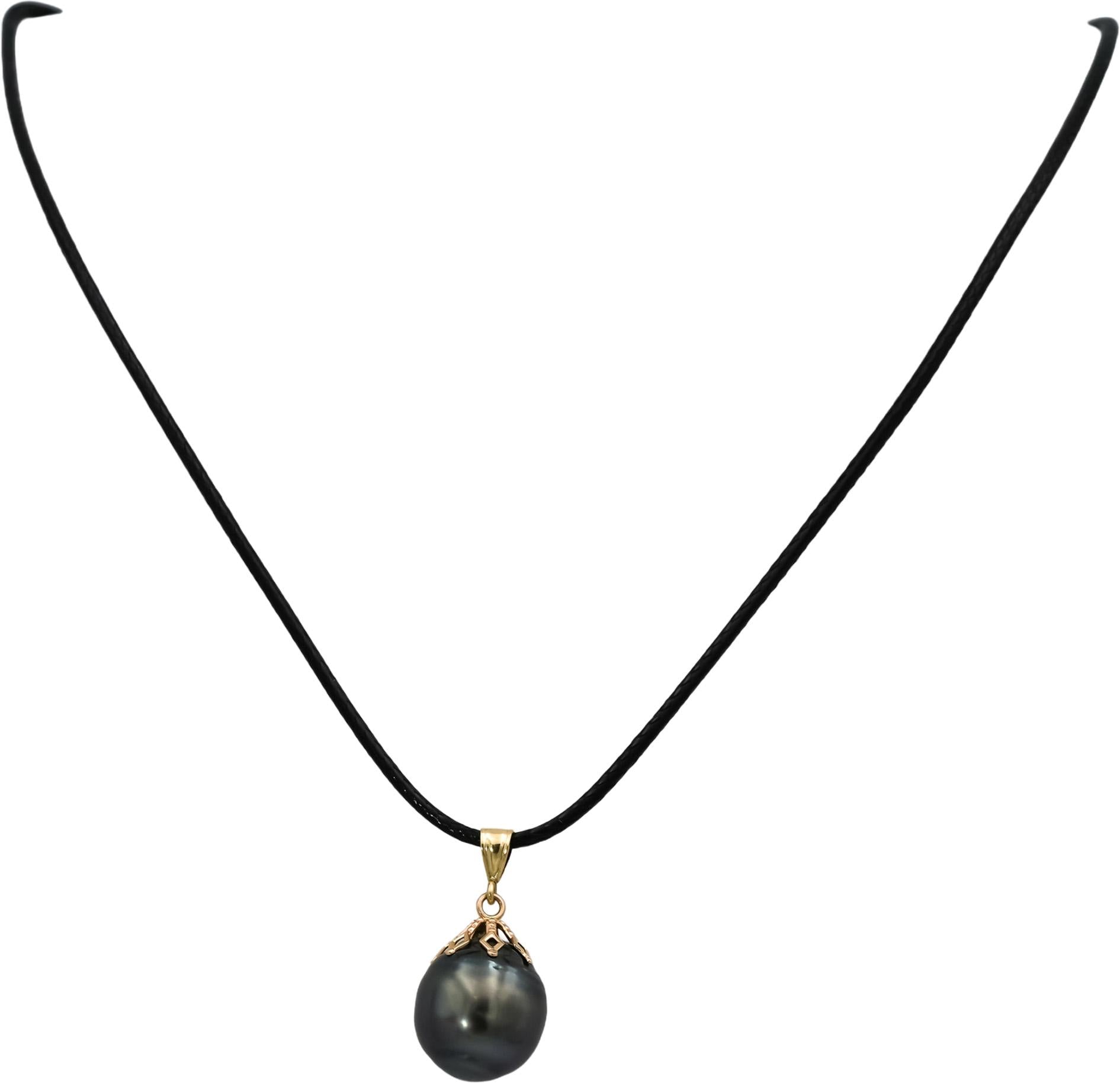 14k Yellow Gold 13.0mm Black Tahitian Pearl Pendant Necklace