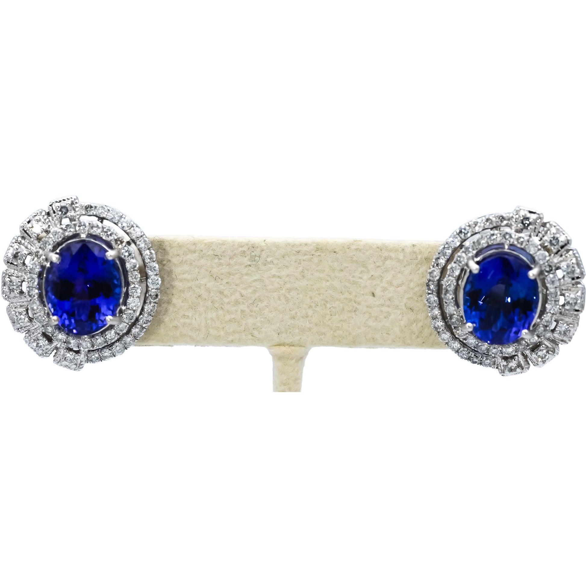 18k White Gold Oval Tanzanite & Round Diamond Halo Stud Earrings 10.50CTW