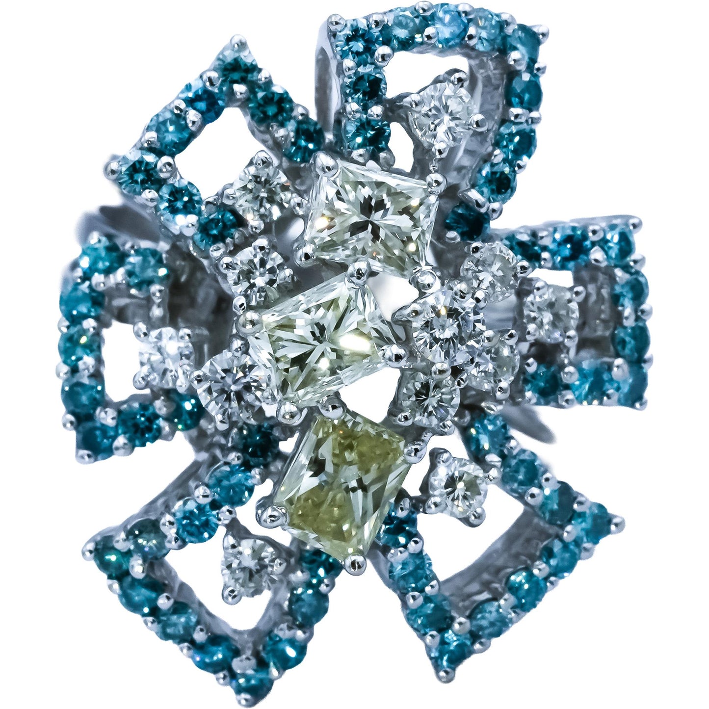 18k White Gold White Light Yellow Blue Diamond Flower Ring 2.50CT Size 6.75