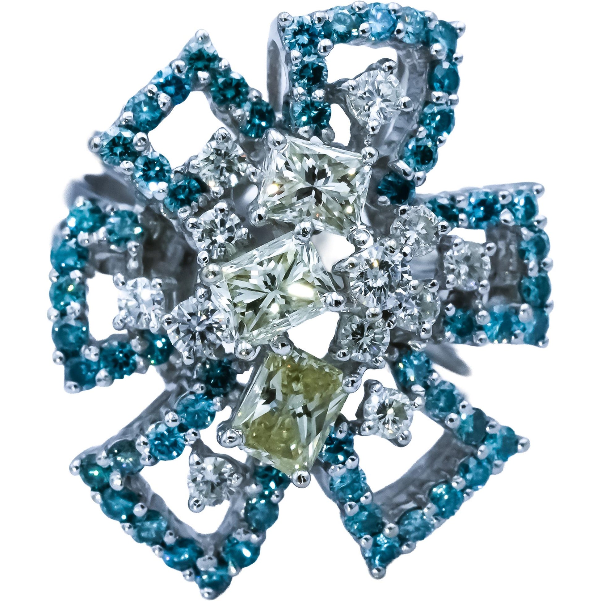 18k White Gold White Light Yellow Blue Diamond Flower Ring 2.50CT Size 6.75