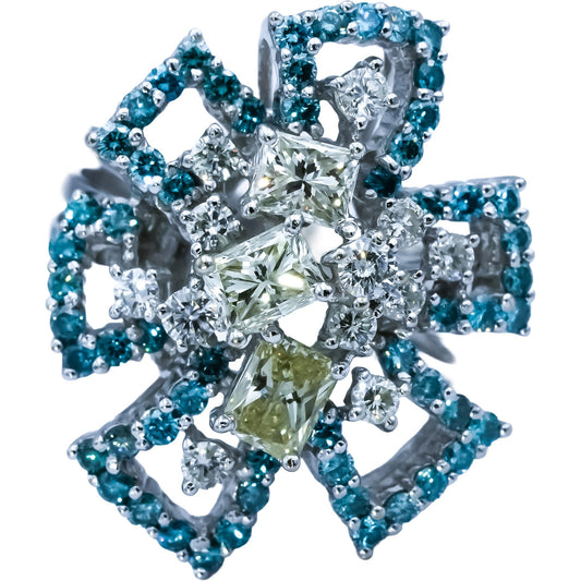 18k White Gold White Light Yellow Blue Diamond Flower Ring 2.50CT Size 6.75