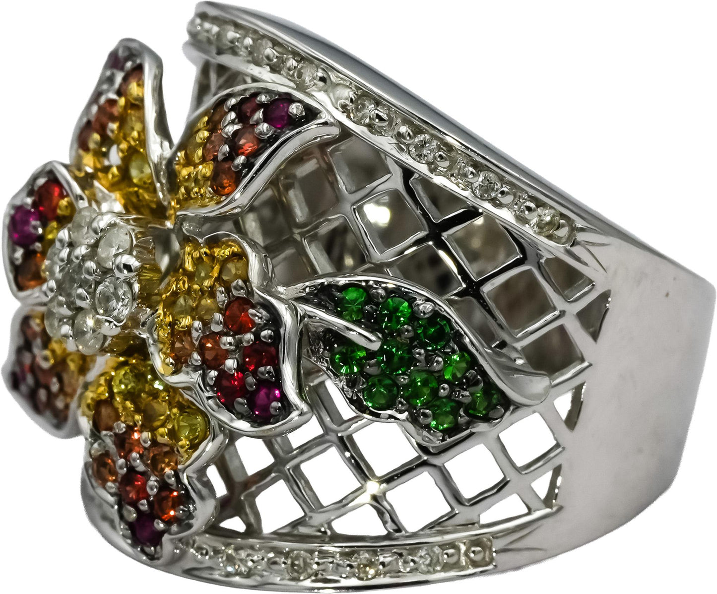 18k White Gold Diamond & Multi Color Gemstone Flower Ring 1.15CT Size 7.75