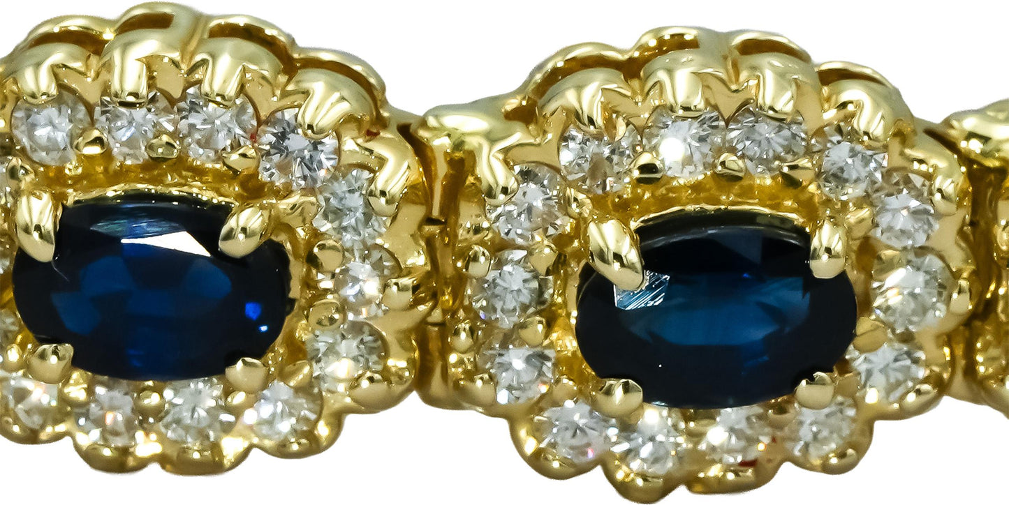 14k Yellow Gold Round Diamond and Oval Sapphire Halo Link Bracelet 16.0CT