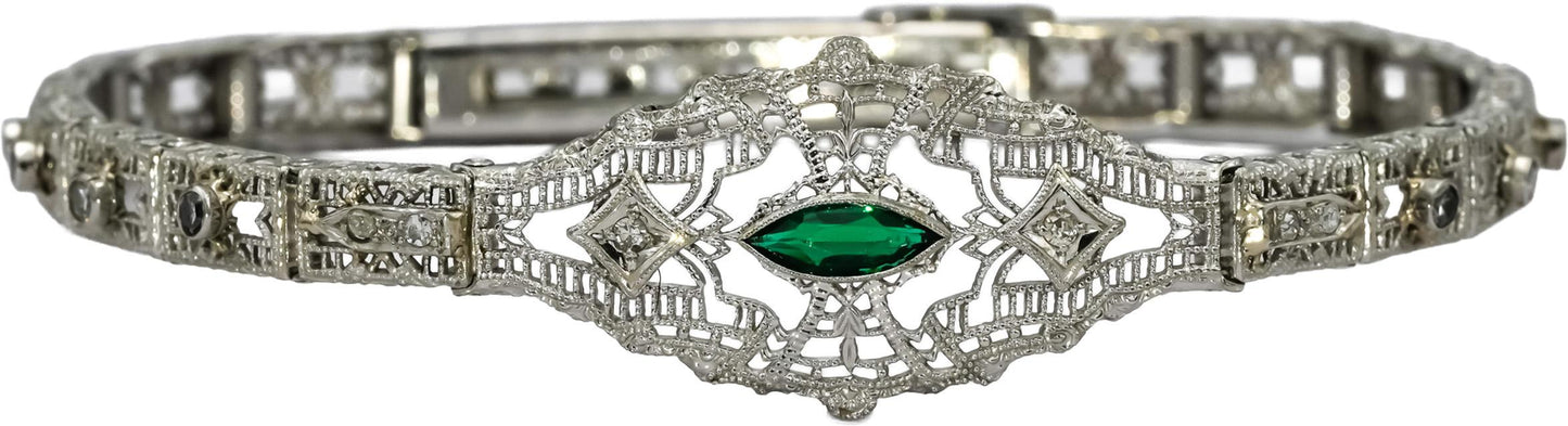 10k White Gold Diamond and Synthetic Emerald Filigree Bracelet 0.20CT
