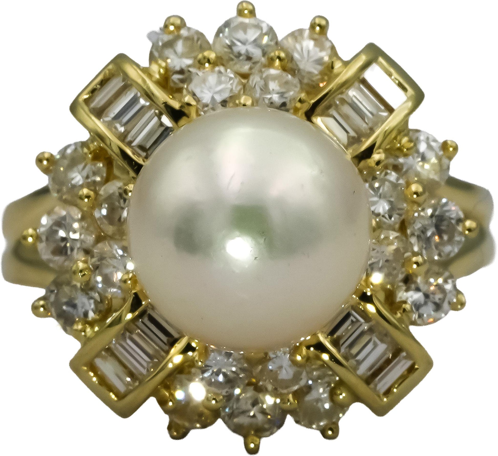 14k Yellow Gold Diamond and 9mm Pearl Cocktail Ring 1.50CT Size 6.75