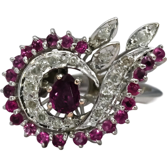 14k White Gold Diamond and Ruby Cocktail Ring 0.90CT Size 5.75
