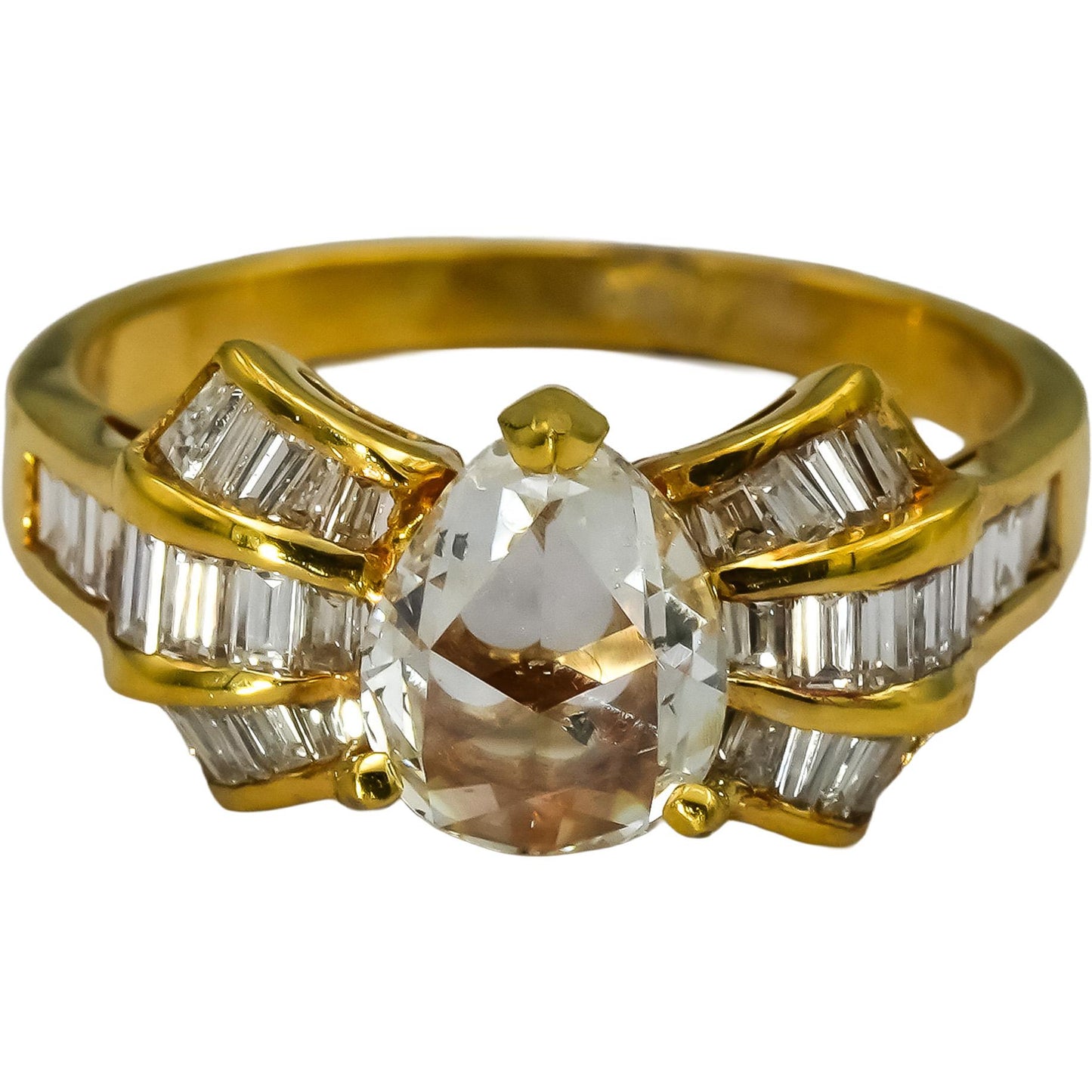 18k Yellow Gold Diamond Ribbon Ring 2.03 w/ 1.26CT Center Size 6.25