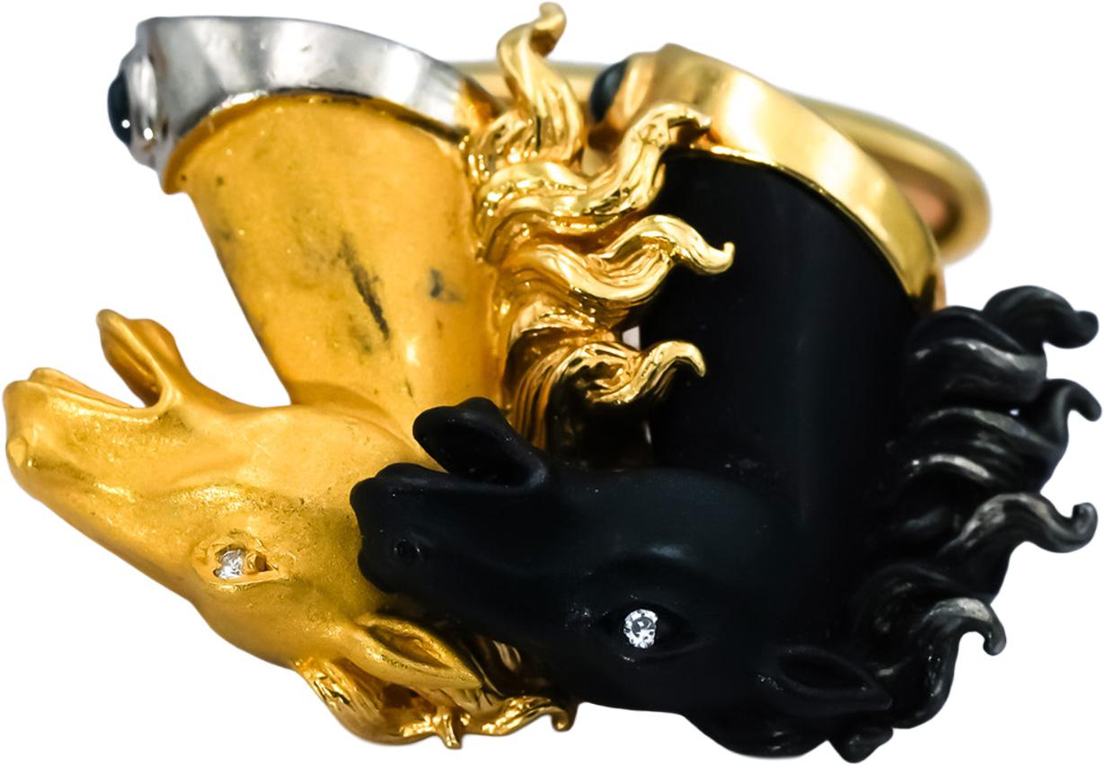 CARRERA Y CARRERA 18k Yellow White Blackened Gold Double Horse Head Cufflinks