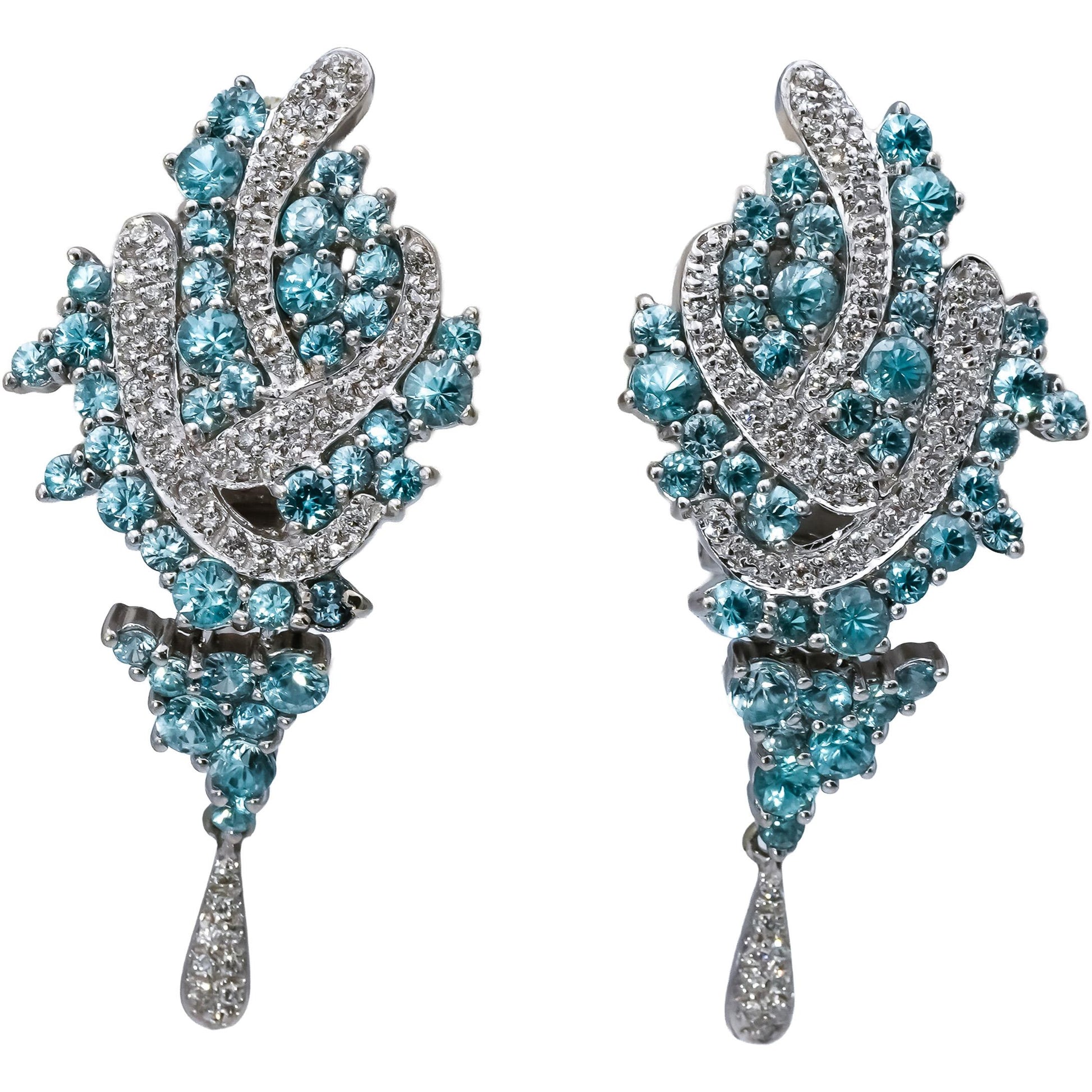 14k White Gold Diamond and Aquamarine Cluster Dangle Earrings 2.0CT