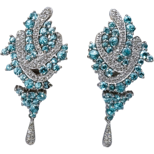 14k White Gold Diamond and Aquamarine Cluster Dangle Earrings 2.0CT