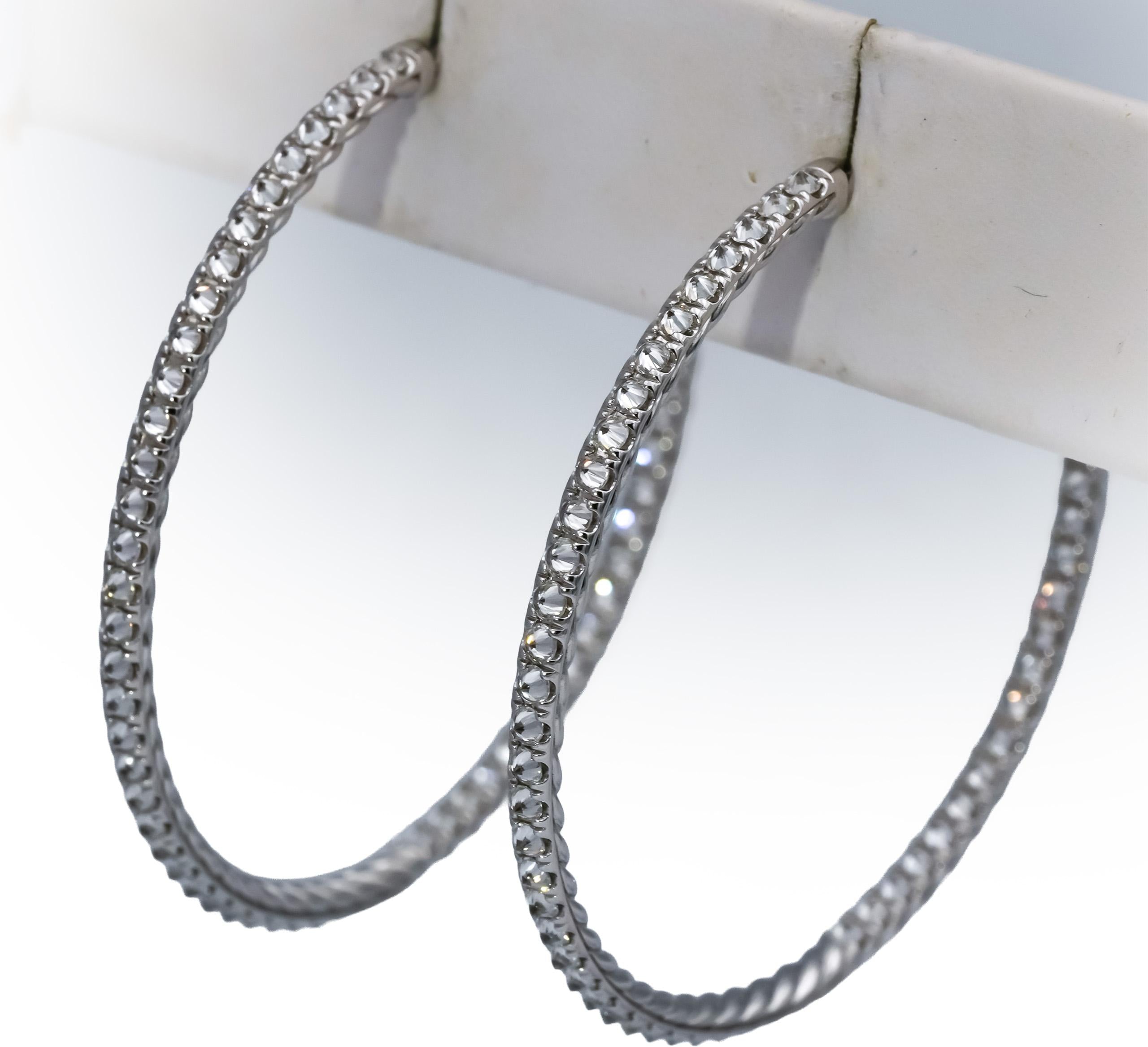 DAVID YURMAN 18k White Gold Diamond Reverse Set Inside Out Hoop Earrings 3.0CT