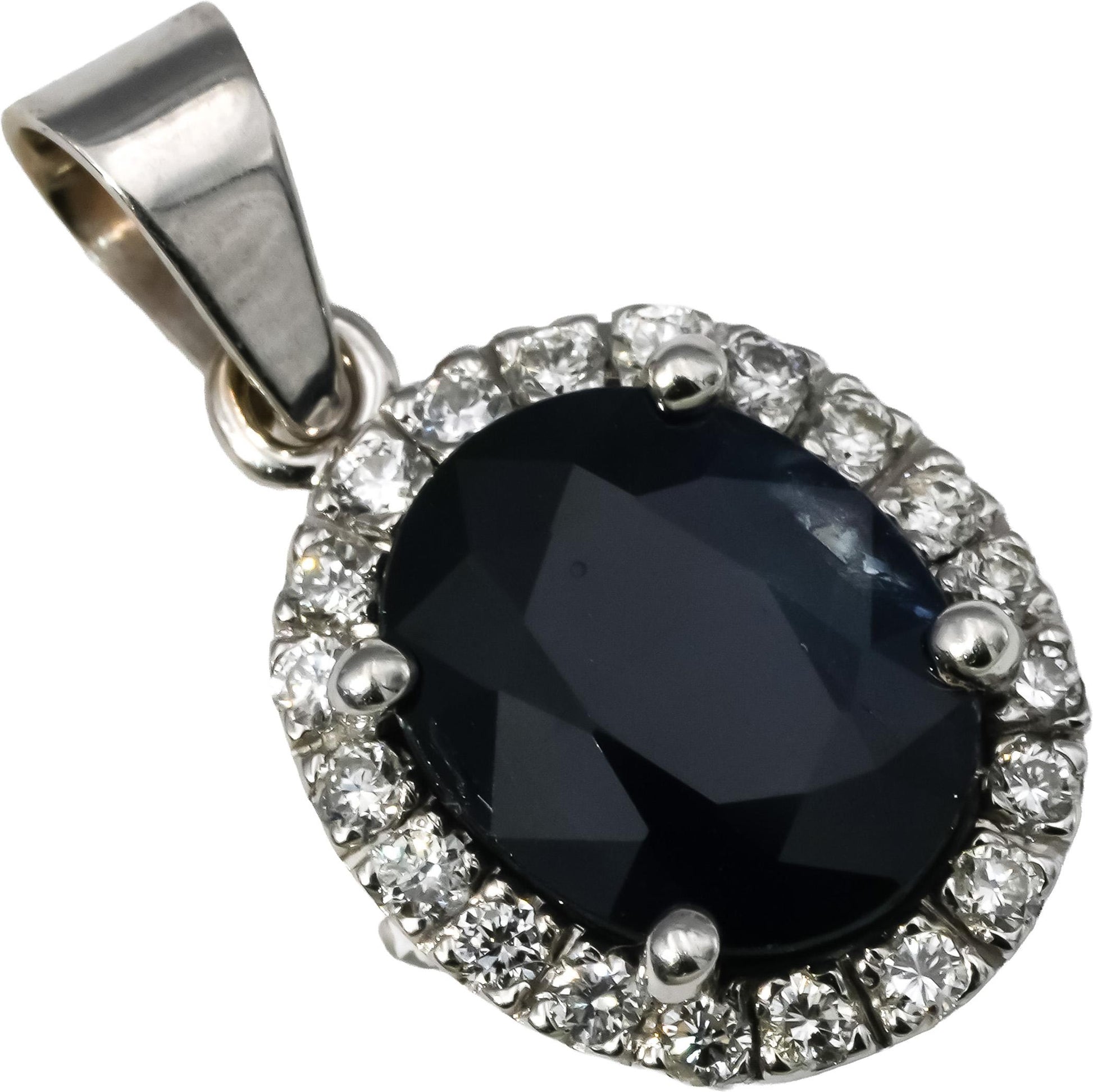 14k White Gold VS Round Diamond and Oval Sapphire Pendant 3.95CT