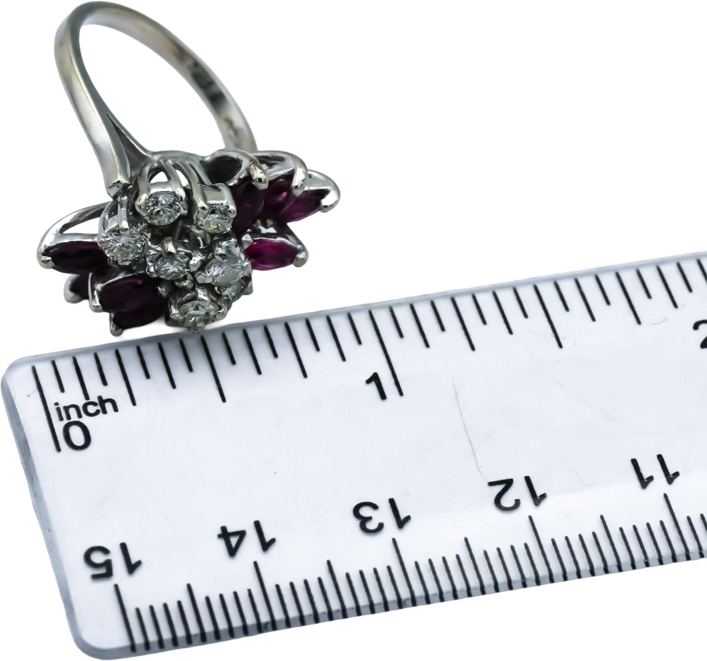 Vintage 14k White Gold Round Diamond & Marquise Ruby Cocktail Ring 1.75CT Size 7