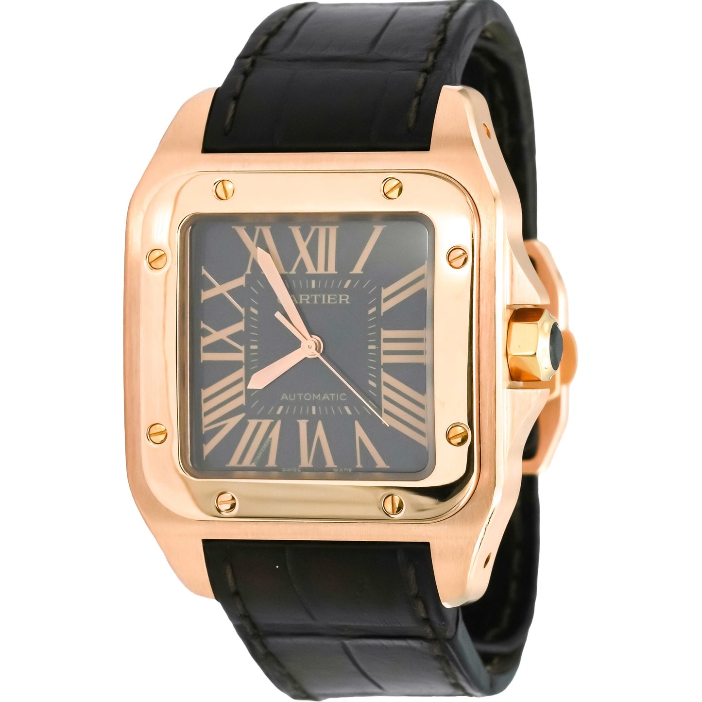 CARTIER 18k Rose Gold Black Dial Santos 100 XL Automatic Watch Ref 2792