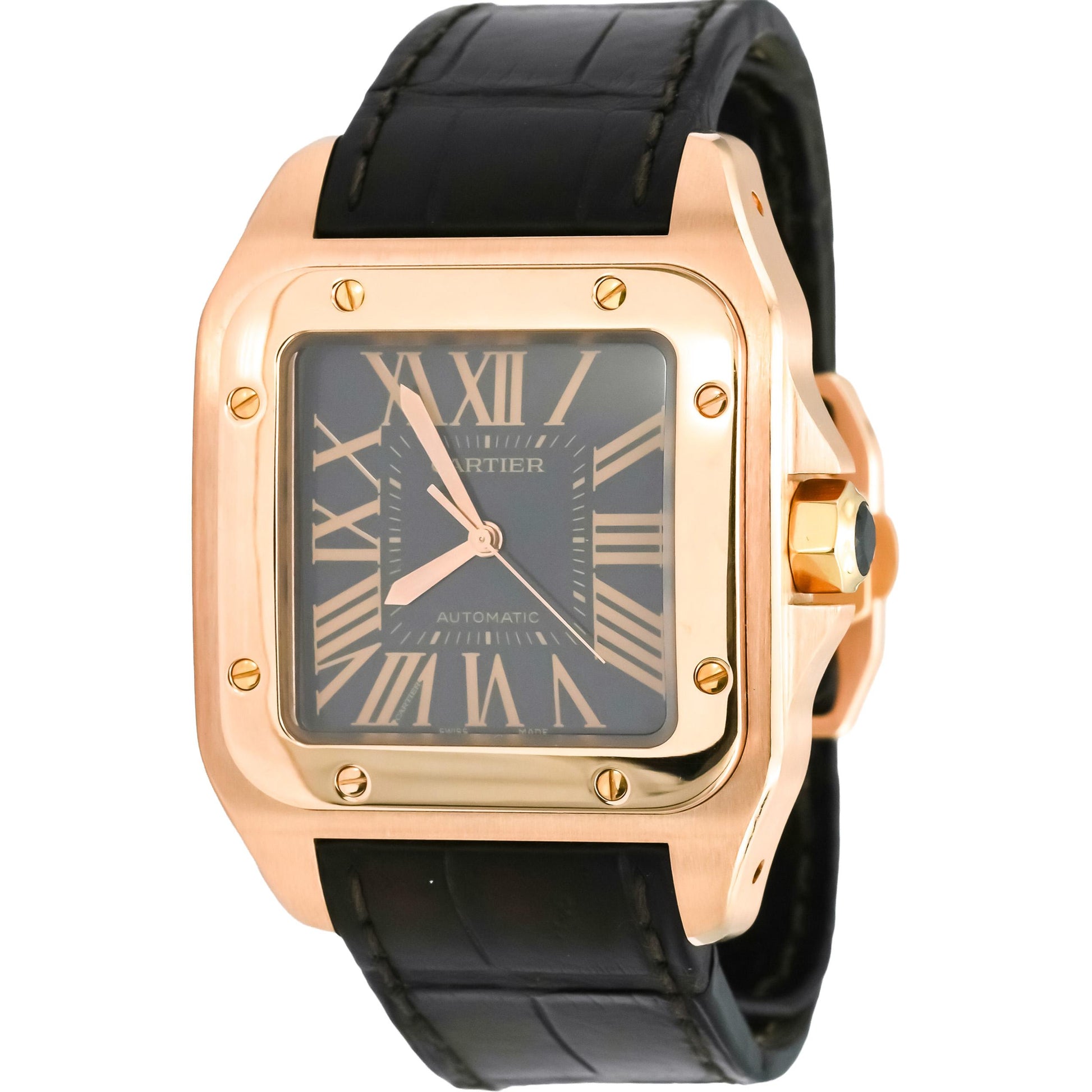 CARTIER 18k Rose Gold Black Dial Santos 100 XL Automatic Watch Ref 2792