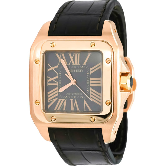 CARTIER 18k Rose Gold Black Dial Santos 100 XL Automatic Watch Ref 2792