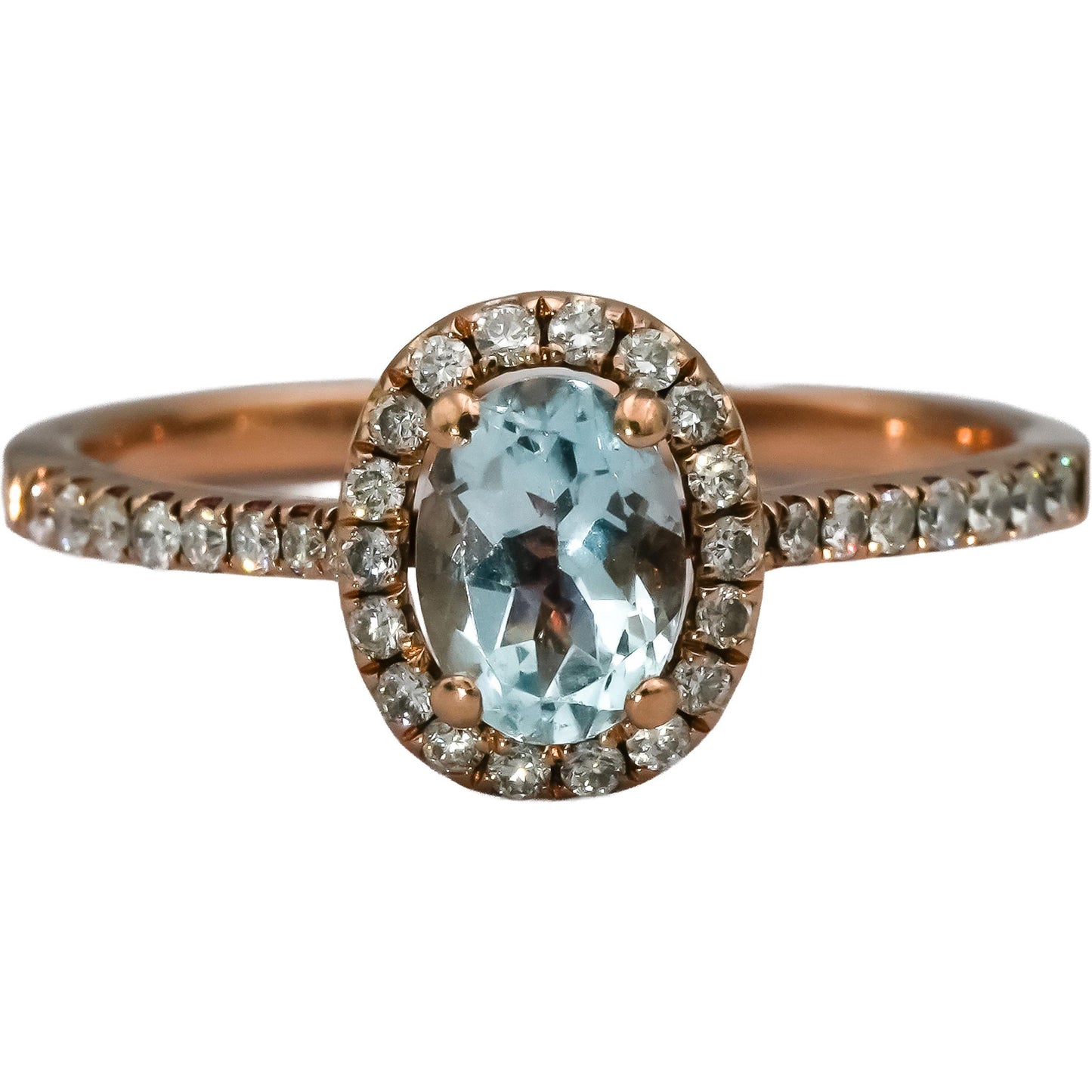 LE VIAN 14k Rose Gold Aquamarine and Diamond Halo Ring Size 8.5