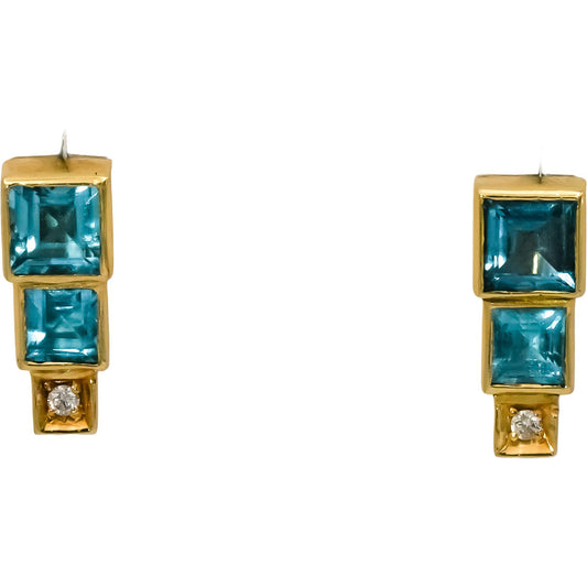18k Yellow Gold Blue Topaz Stud Earrings w/ Diamond Accents