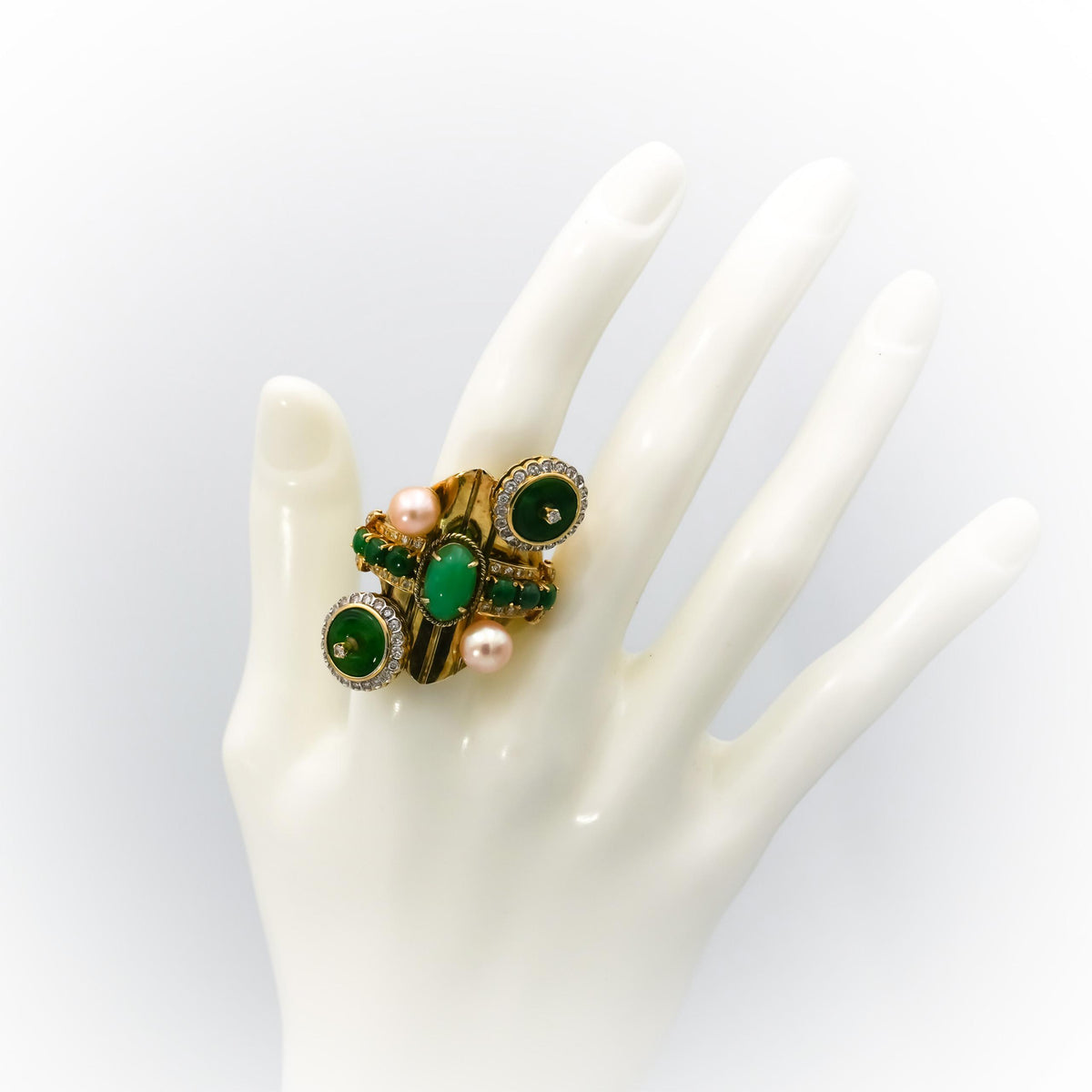 14k Yellow Gold Diamond Pearl Jade Retro Statement Ring Size 7