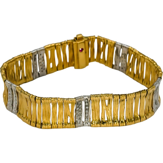 ROBERTO COIN 18k Yellow White Gold Pave Diamond "Elephant Skin" Bracelet 0.40CT