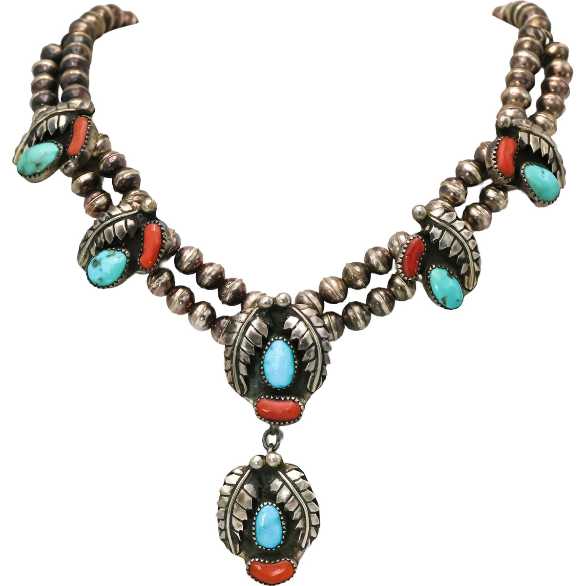 Sterling Silver Turquoise and Carnelian Native American Squash Blossom Necklace