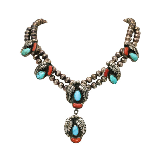 Sterling Silver Turquoise and Carnelian Native American Squash Blossom Necklace