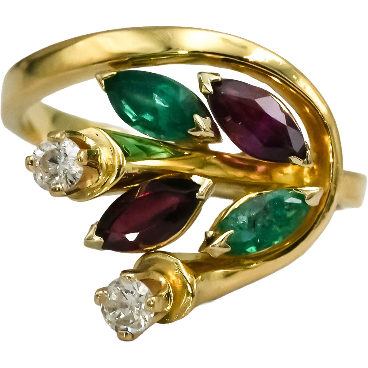 18k Yellow Gold Diamond Ruby Emerald Floral Ring 1.22CT Size 6