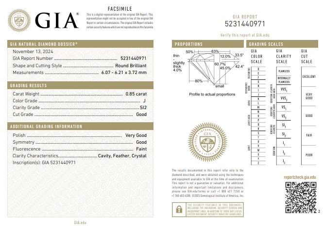 GIA Certified 0.85CT SI2/J Round Brilliant Loose Diamond