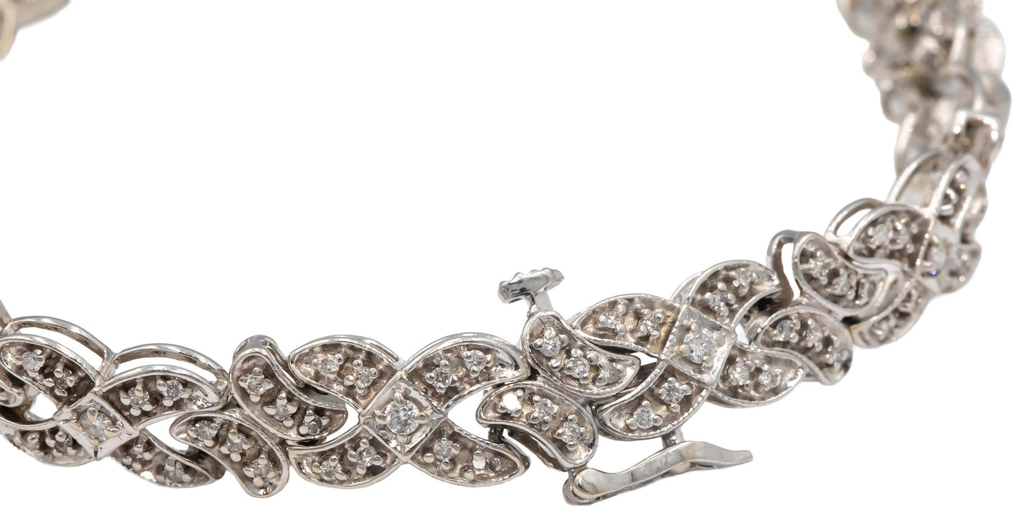 14k White Gold Round Diamond Fancy Link Bracelet 1.20CTW