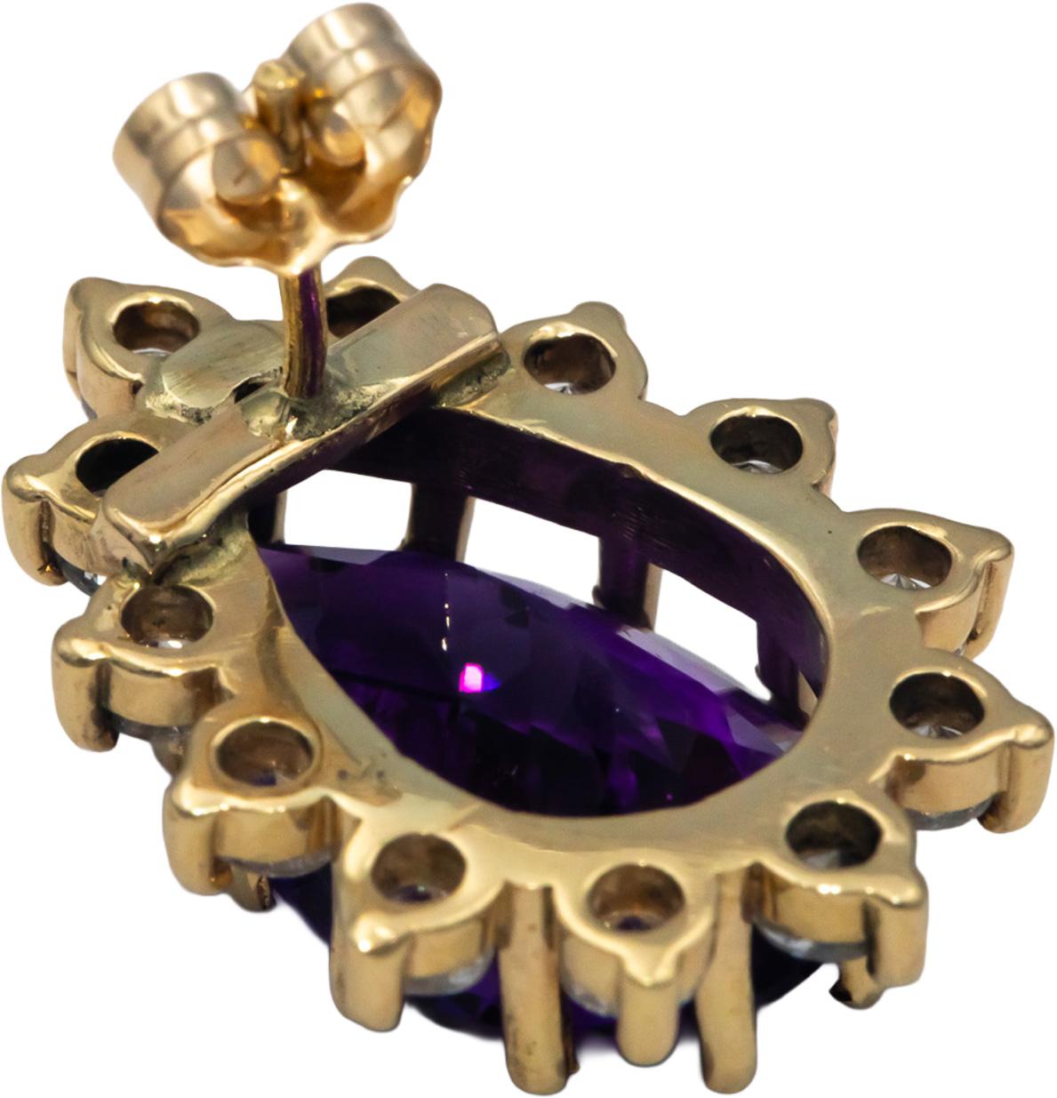 14k Yellow Gold 10.25CT Round Cut Diamond and Pear Cut Amethyst Earrings