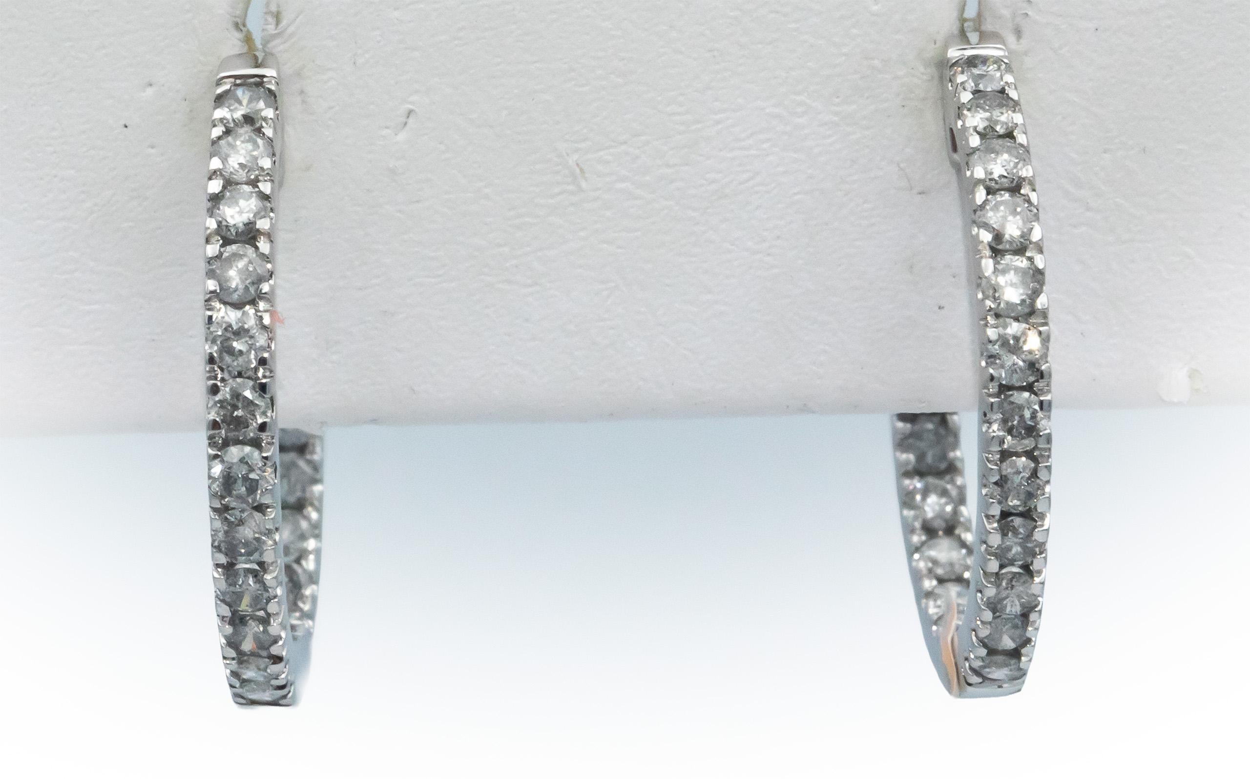 10k White Gold Diamond Inside Out Hoop Huggie Earrings 1.50CT