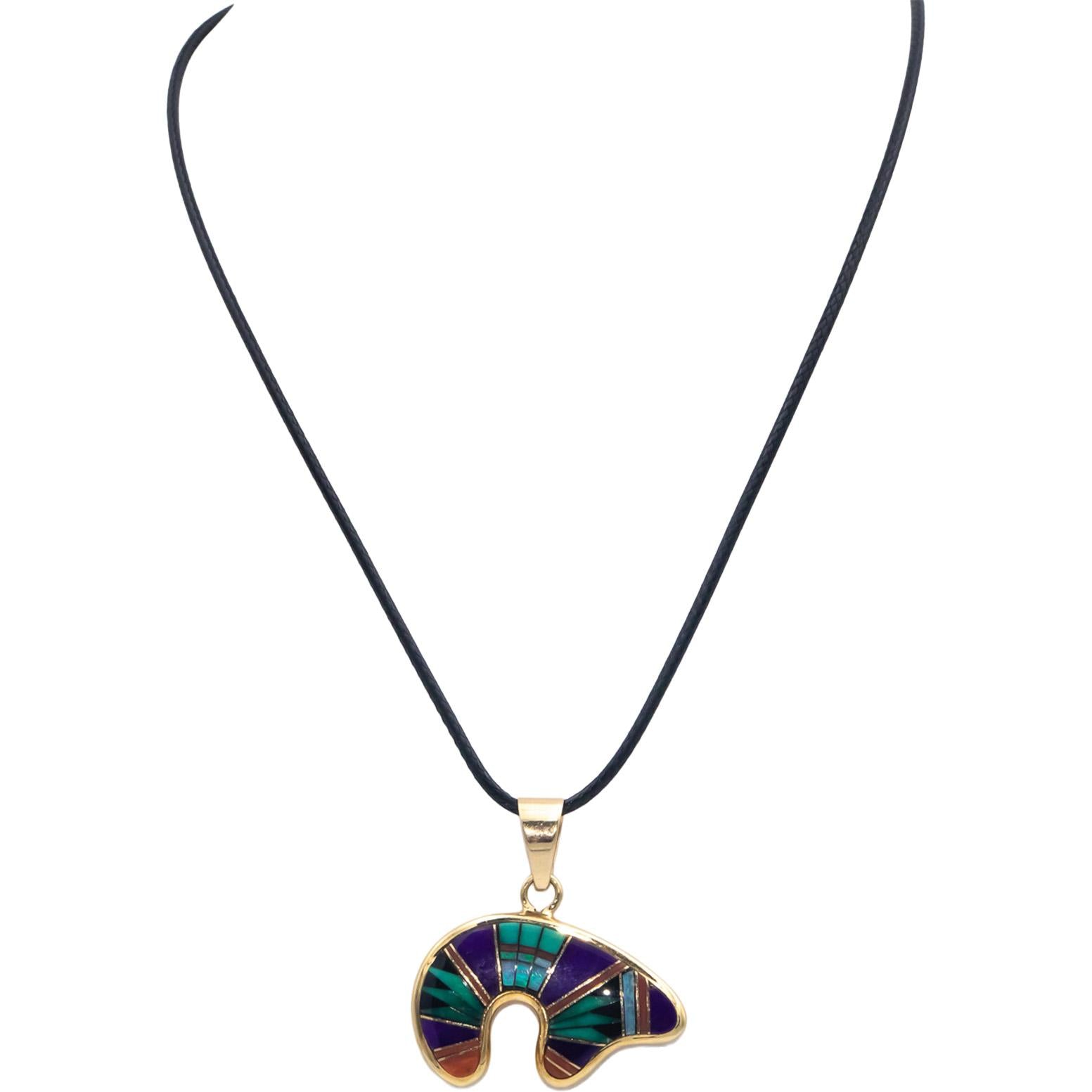 Native American Designer 14k Gold Assorted Gemstone Mosaic Pendant Necklace
