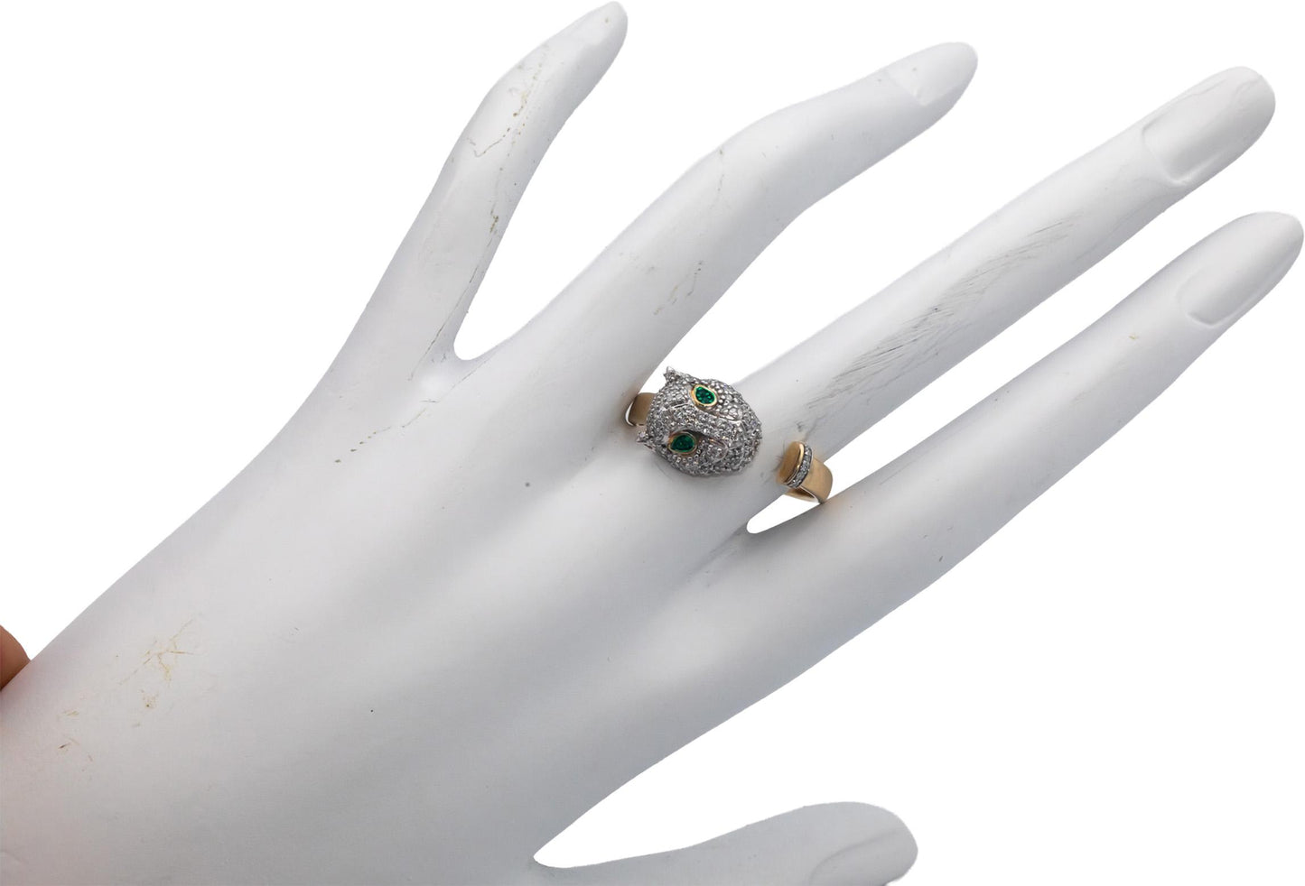 10k Yellow Gold 0.40CT Diamond Panther Head Ring w/ Emerald Eye Accents Size 10