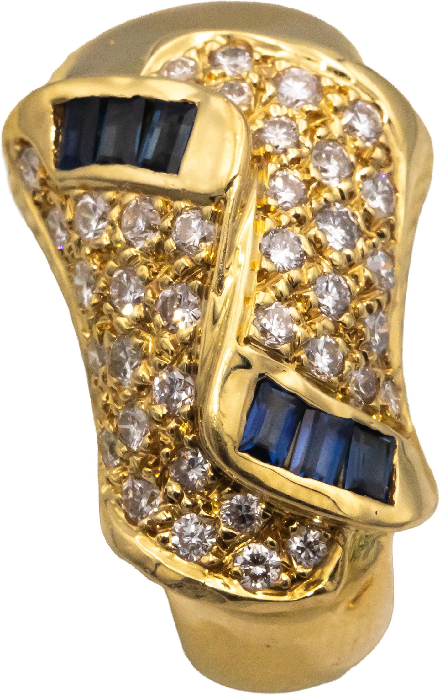 Diamond and Sapphire 18k Yellow Gold Curved Clip On Earrings 2.10CT