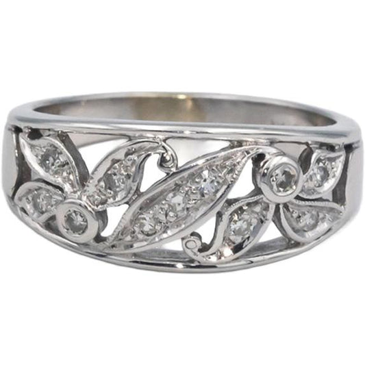 14k White Gold 0.15CT Round Cut Diamond Floral Band Ring Size 6.5