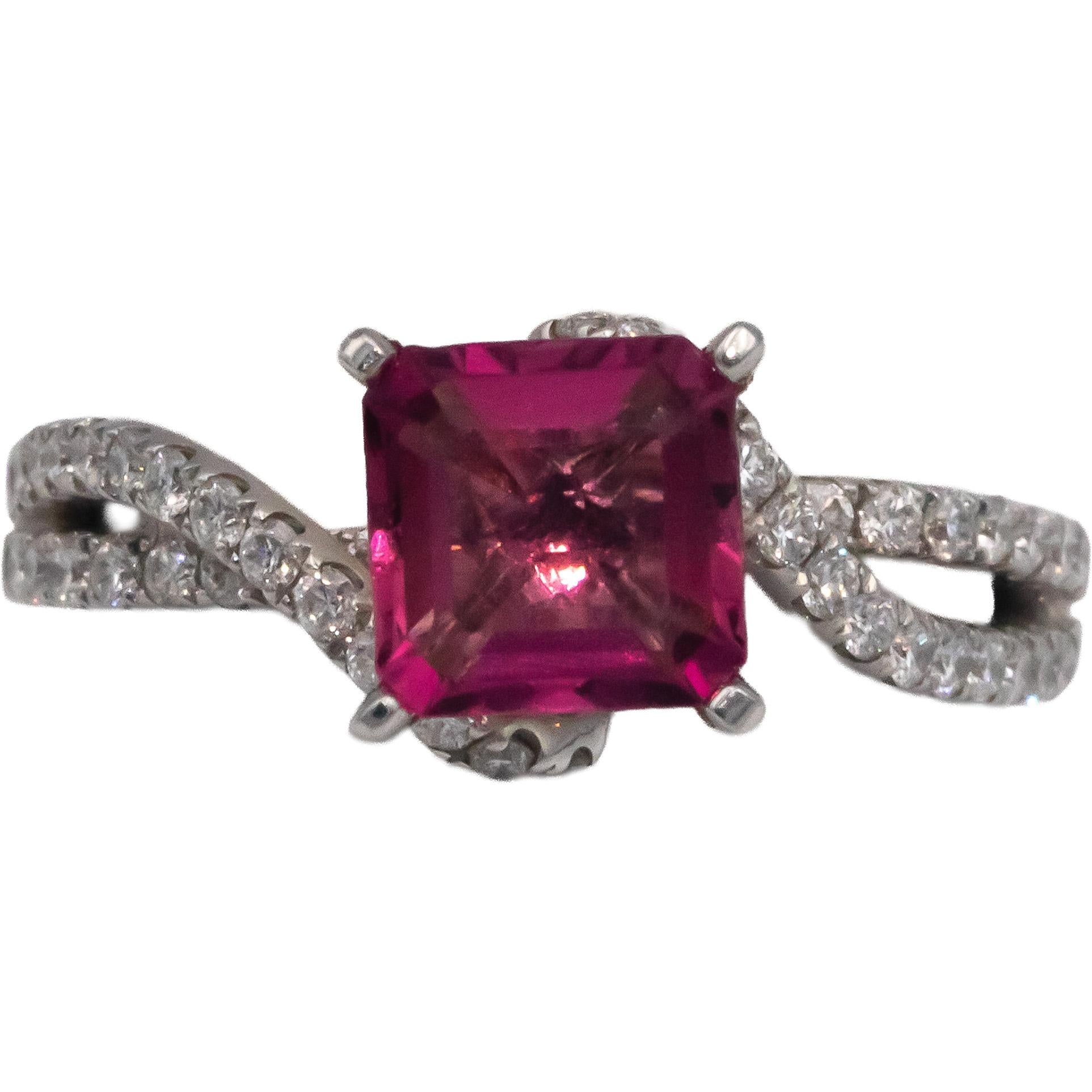 14k White Gold 1.64CT Diamond and Pink Tourmaline Ring Size 6.5