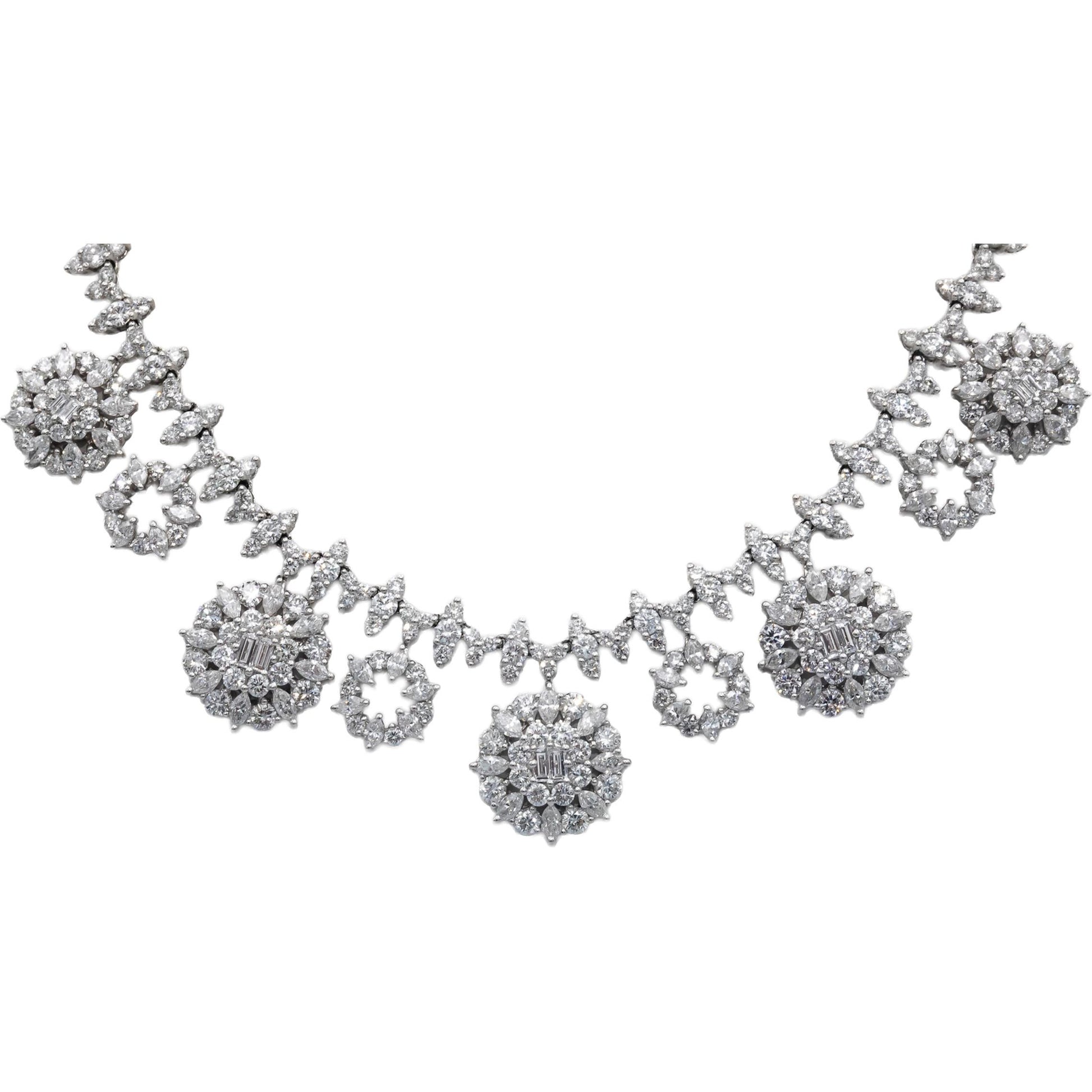 Diamond 18k White Gold VS Round Cut Flower Formal Dangle Necklace 13.0CT
