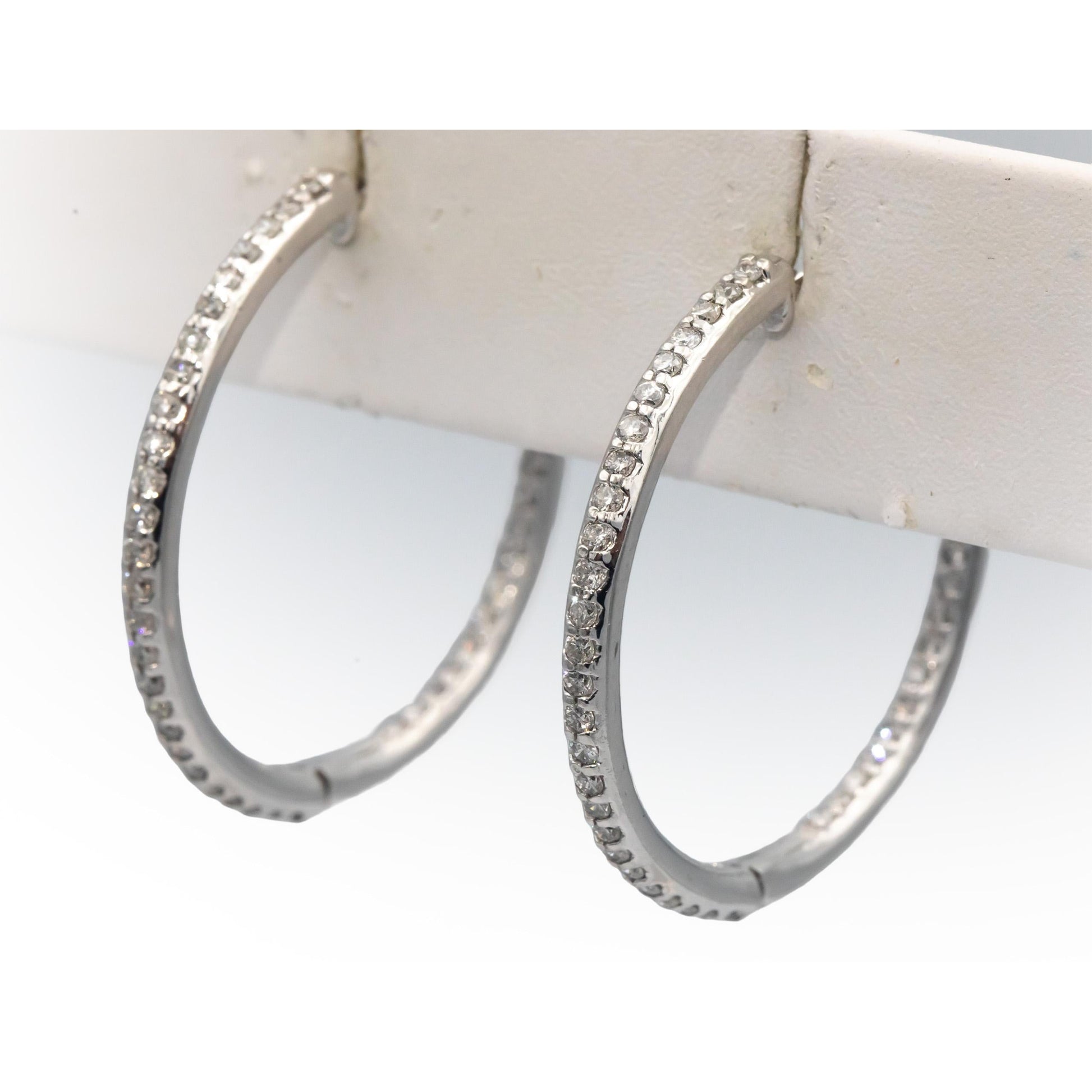 14k White Gold 1.50CT Round Cut Diamond Inside Out Hoop Earrings