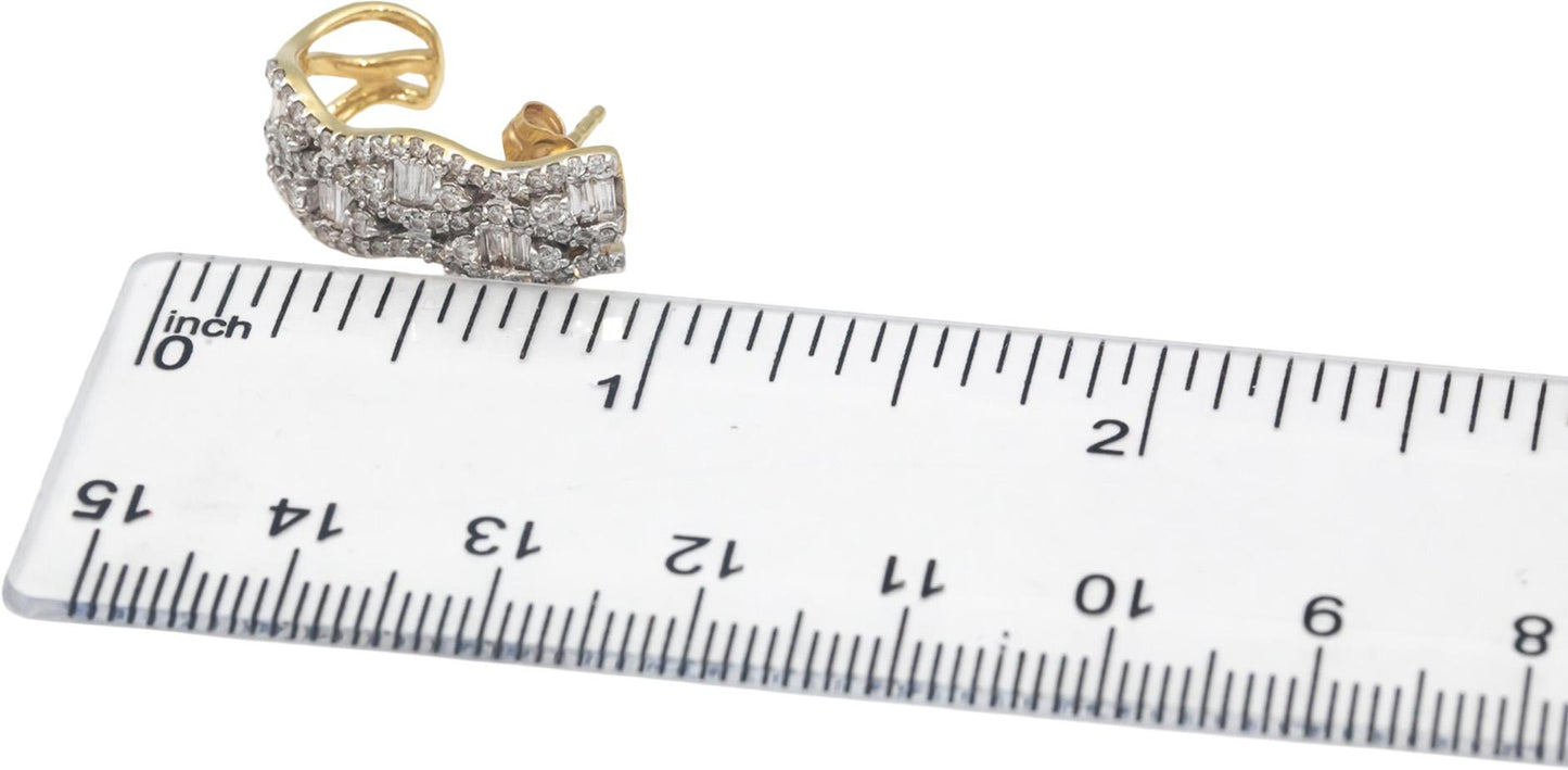 14k Yellow Gold 1.25CT VS Round and Baguette Curved Stud Earrings