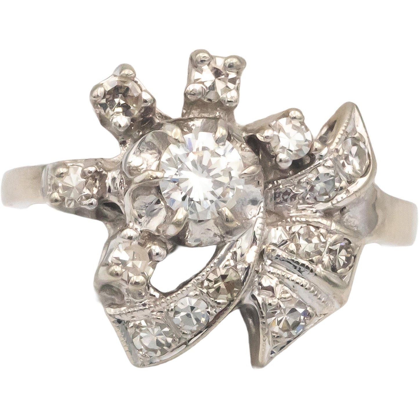 Antique Vintage 14k White Gold VS Diamond Ribbon Cocktail Ring 0.40CT Size 4.5