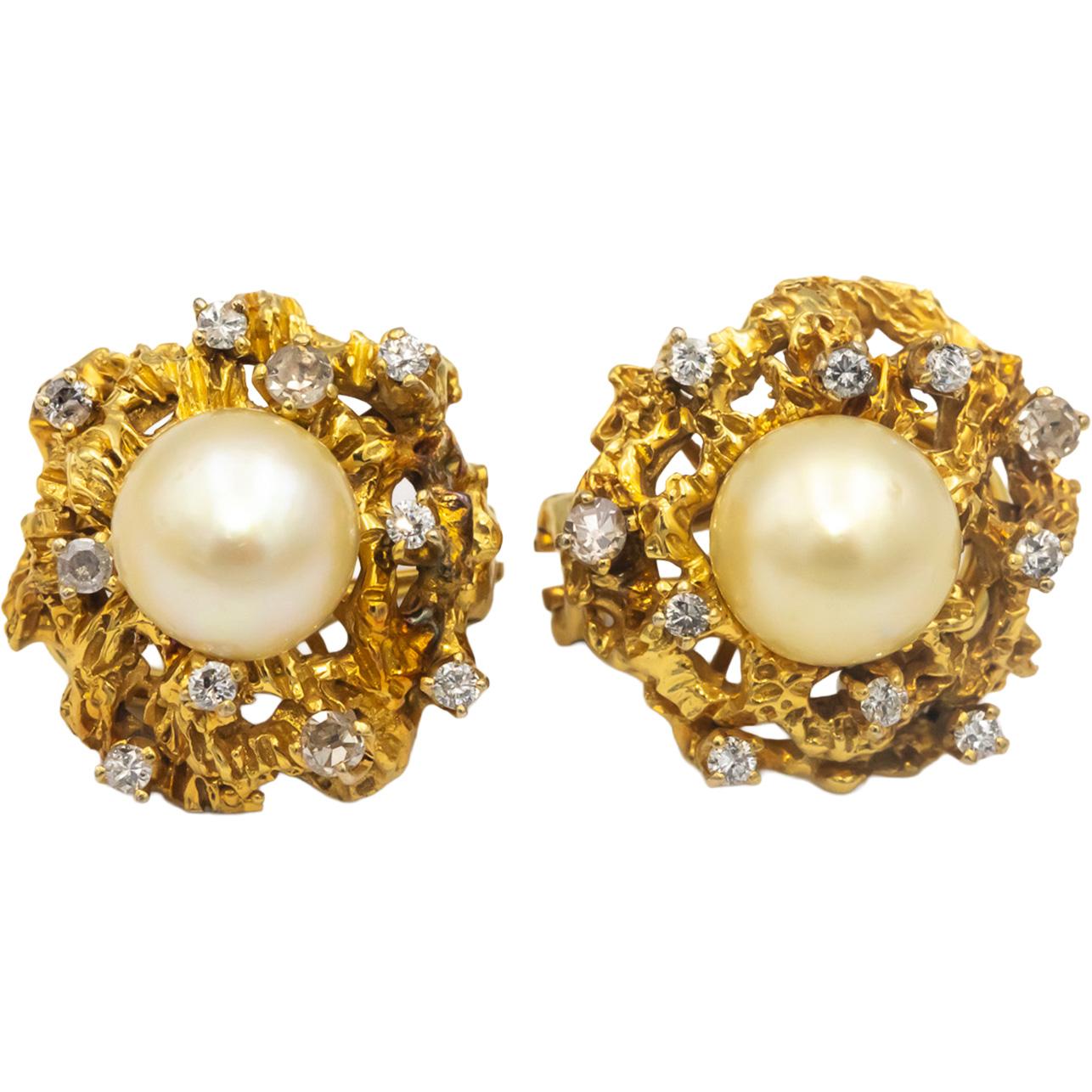 10k Yellow Gold VS Round Cut Diamond & 9mm Pearl Freeform Earrings 0.75CT