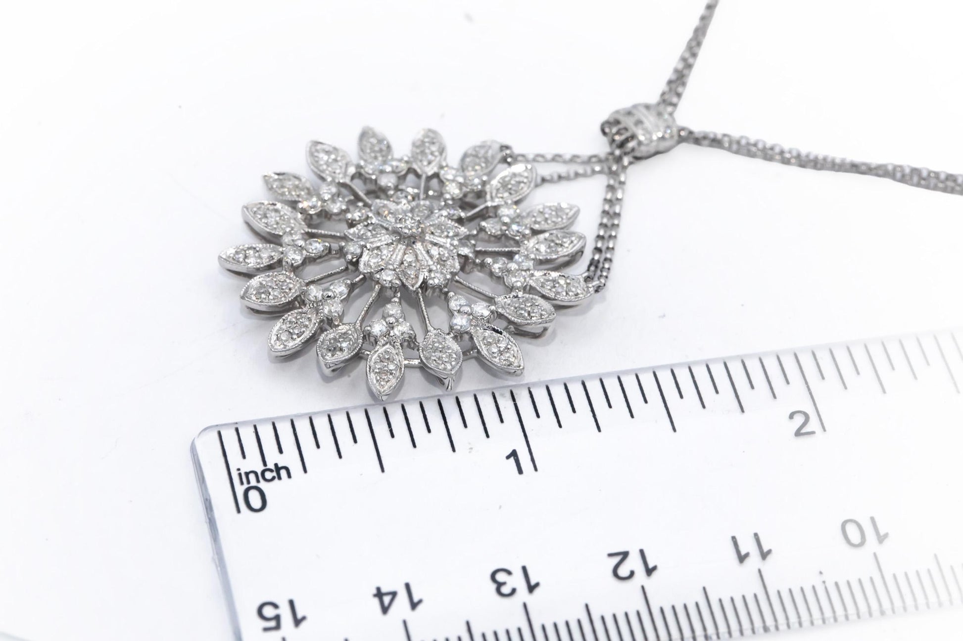 Round Diamond 14k White Gold Floral Pendant Double Chain Necklace 1.0CT