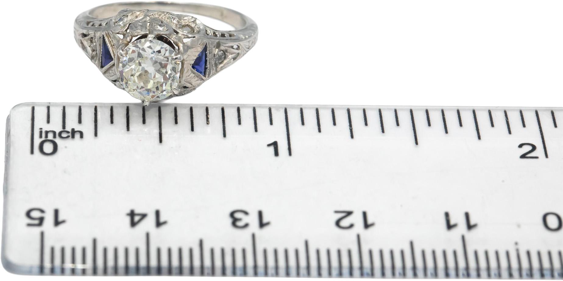 Vintage Platinum Diamond Synthetic Sapphire Filigree Ring 1.20CT w/ 1.0CT Center