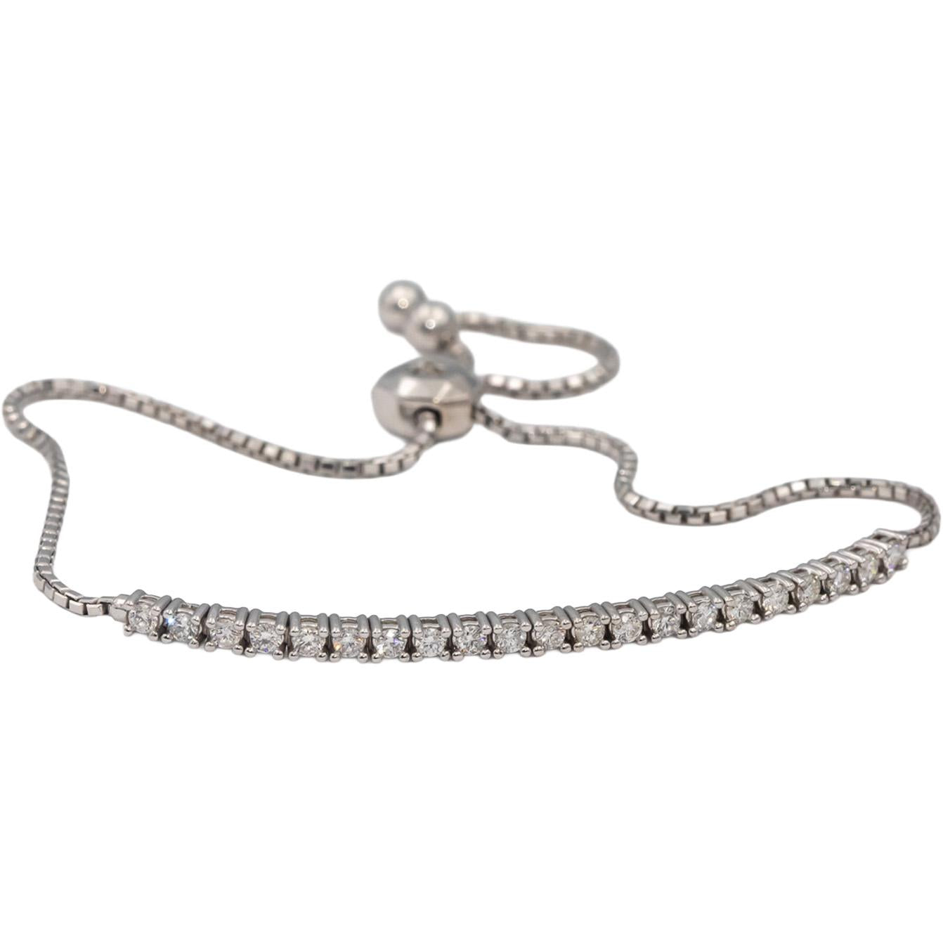 18k White Gold Round Diamond Bolo Bracelet w/ Adjustable Clasp 0.70CT